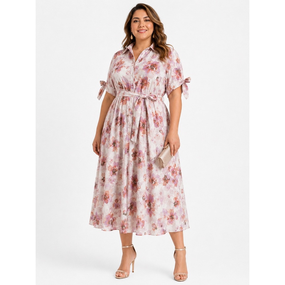Calvin Klein Shirt Dress 16 Pink Floral Watercolor Tie Sleeve Midi Belted Pocket